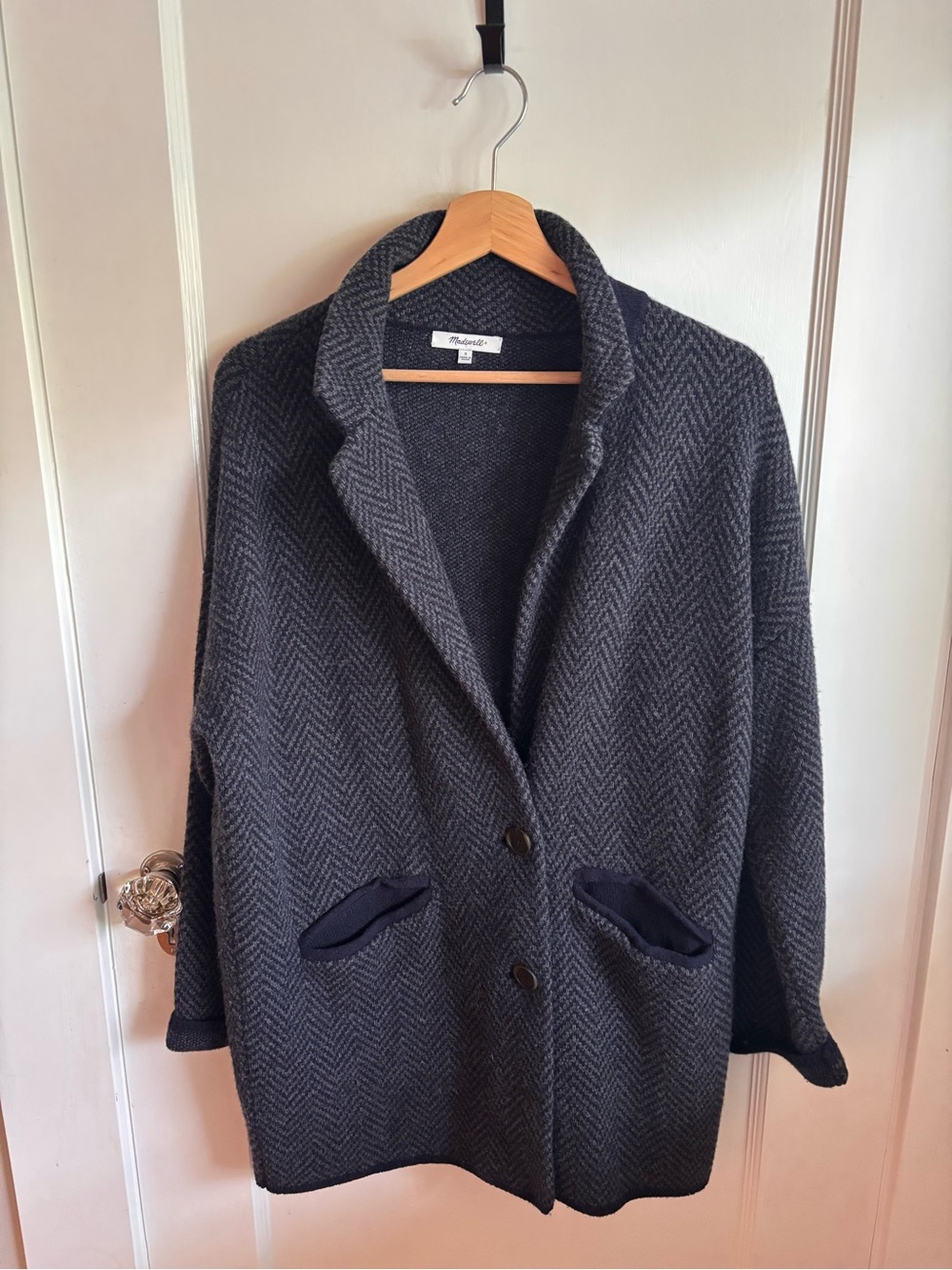 Madewell Navy and Charcoal Herringbone Sweater Coat